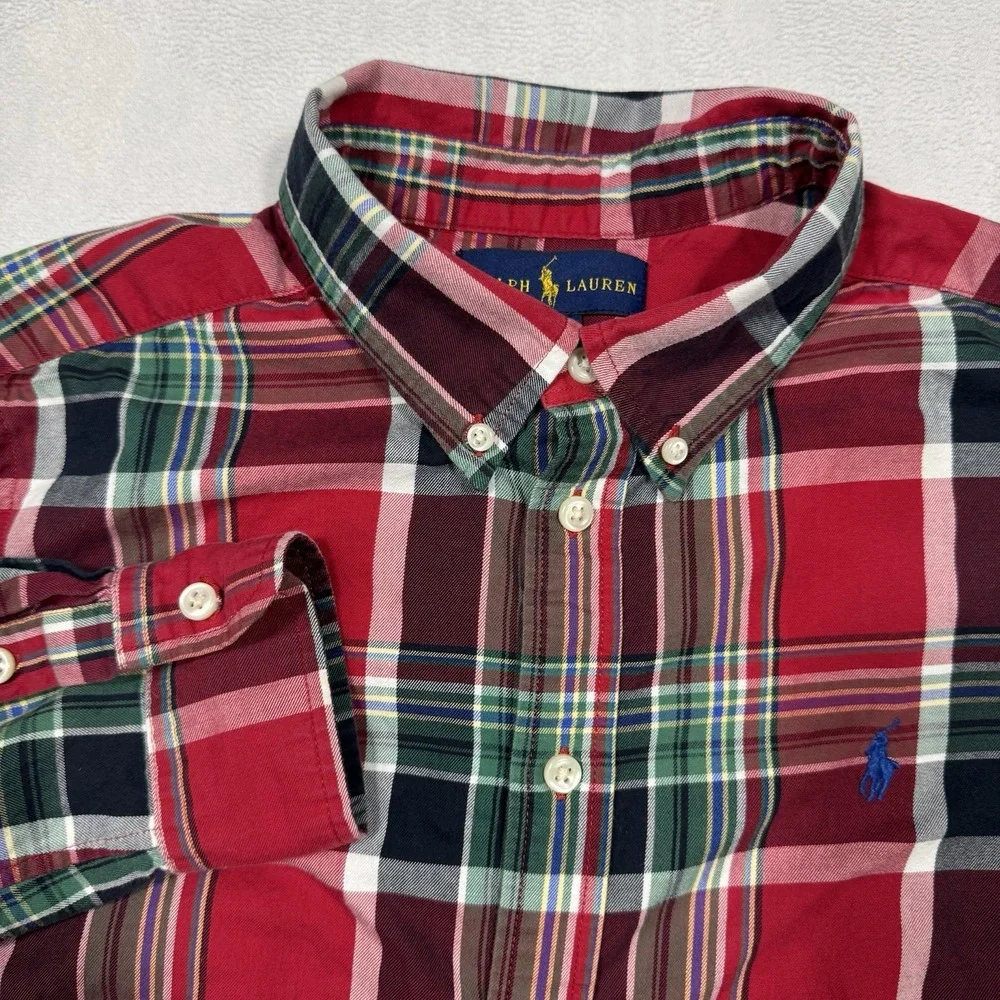 Ralph Lauren Plaid Shirt L (14-16) Button Down Long Sleeve Red Green